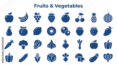 Bild auf Leinwand Collection of fresh fruits and vegetables icons representing healthy eating and