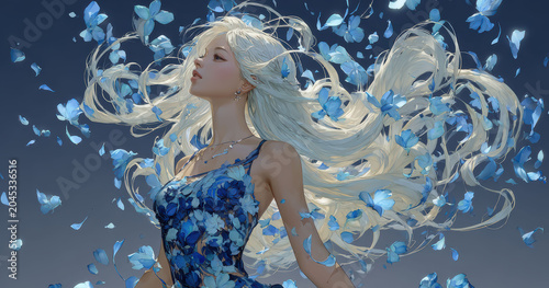 Anime style illustration of a beautiful young woman surrounded by floating petals illuminated by warm light as soft wind moves her flowing hair.