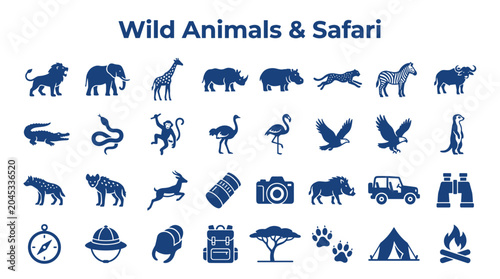 Photography Collection of wild safari animals and travel icons in blue on a white background