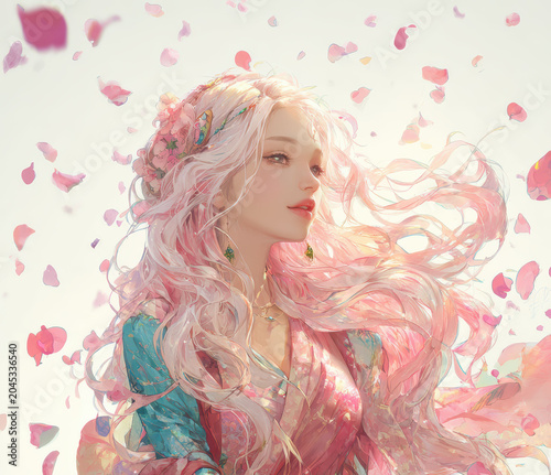 Anime style illustration of a beautiful young woman surrounded by floating petals illuminated by warm light as soft wind moves her flowing hair.