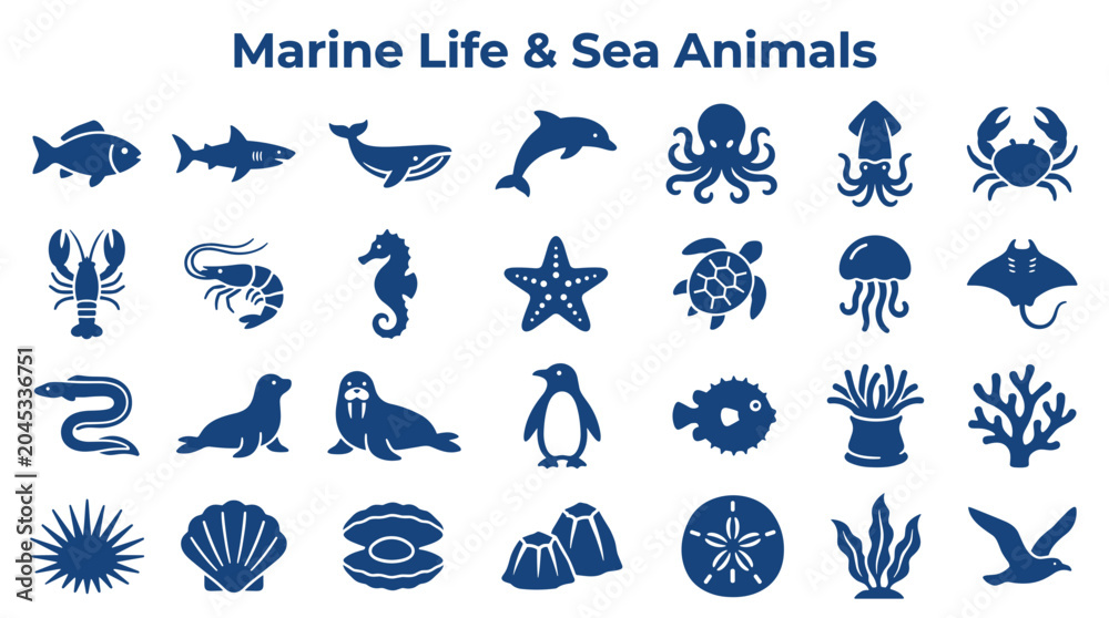 Fototapeta premium Collection of diverse marine life and sea animal icons in a clean, modern style, perfect for educational or illustrative purposes