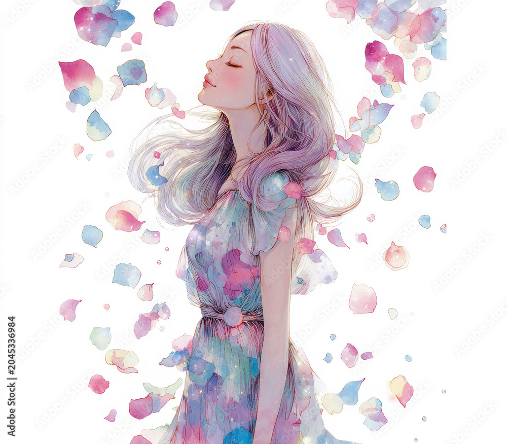 Obraz premium Anime style illustration of a beautiful young woman surrounded by floating petals illuminated by warm light as soft wind moves her flowing hair.