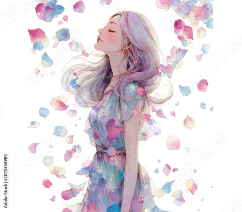 Anime style illustration of a beautiful young woman surrounded by floating petals illuminated by warm light as soft wind moves her flowing hair.
