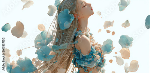 Anime style illustration of a beautiful young woman surrounded by floating petals illuminated by warm light as soft wind moves her flowing hair.