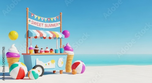 A vibrant dessert stand with a festive banner stands on a sunlit beach with white sand, turquoise water, and colorful summer decorations, sugar, gourmet, blue sky