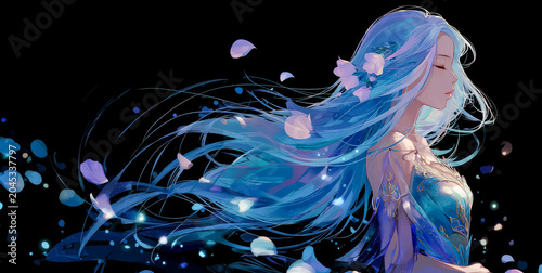 Anime style illustration of a beautiful young woman surrounded by floating petals illuminated by warm light as soft wind moves her flowing hair.