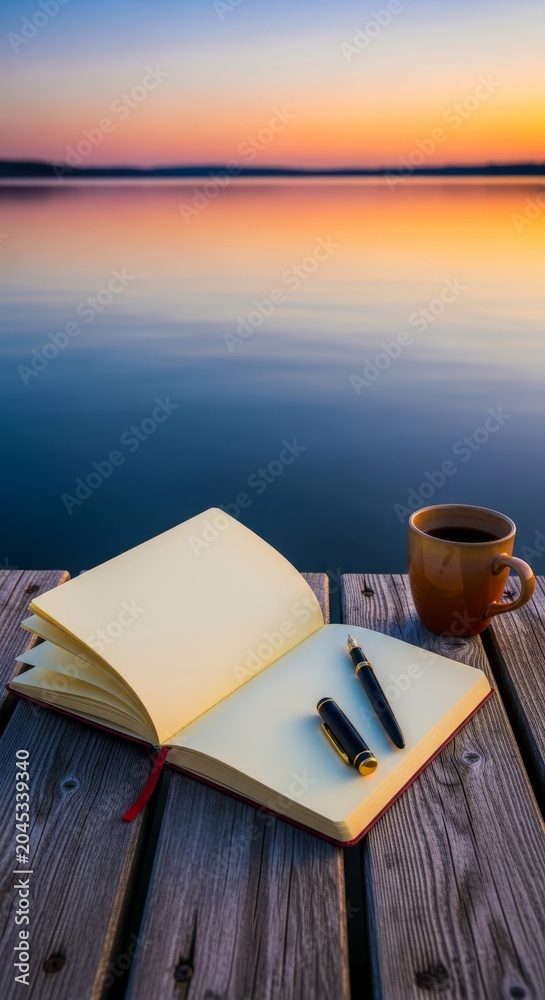 Obraz premium An open blank journal rests on a weathered wooden pier by a tranquil lake at sunset. A vintage fountain pen and warm coffee mug sit nearby, aesthetic, rustic, wood