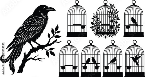 Photos Black silhouette collection featuring a raven perched on a branch and various or