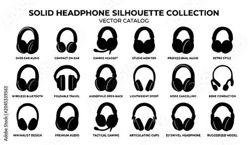 Foto Minimal Hand Drawn Headphone Silhouettes Audio Equipment Vector Set