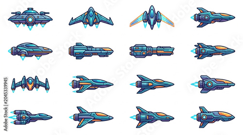 Foto Collection of futuristic spacecraft and spaceships in pixel art style