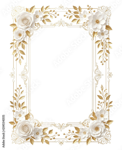Exquisite Ornate Gold Border with White Paper Flowers and Golden Leaves