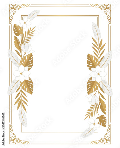 Elegant Gold Ornate Border with Tropical Leaves and White Flowers