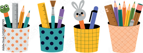 Cute school stationery holder cups with colorful pencils and animal pens flat vector icon set