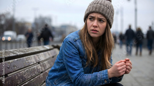 young woman with problems sitting on park bench on a dreary day