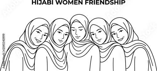 Fotografía Group of young women wearing hijab smiling together in line art style