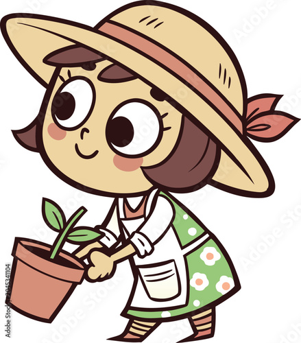 Cute cartoon girl gardener holding a potted plant