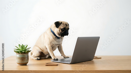 Adorable pug dog humorously interacting with a laptop, intently focused on the screen while sitting at a clean wooden desk