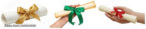 Fotografía Hands proudly holding rolled diplomas with vibrant ribbons, symbolizing academic achievement and success