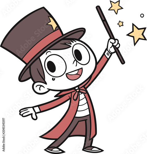 Cartoon illustration of a cute young magician performing a magic trick