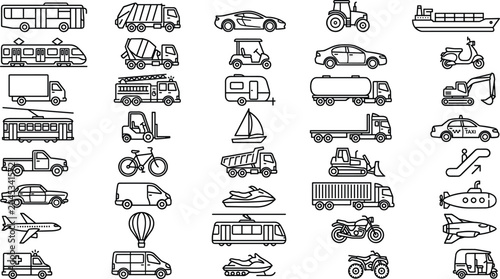 Photos Comprehensive Transportation Line Icons Set Featuring Vehicles Aircraft Watercra