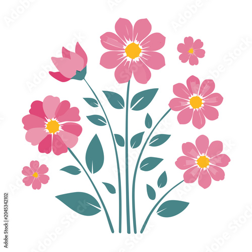 Pink flowers with green leaves in flat design style