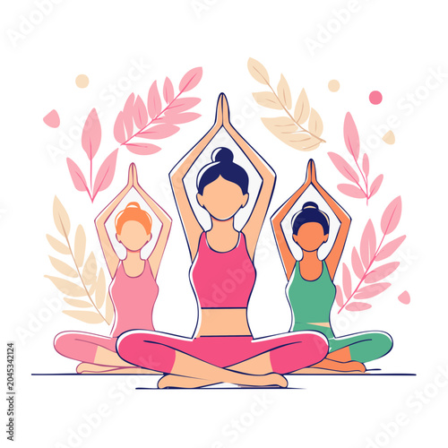 Three women meditating in yoga pose with plants