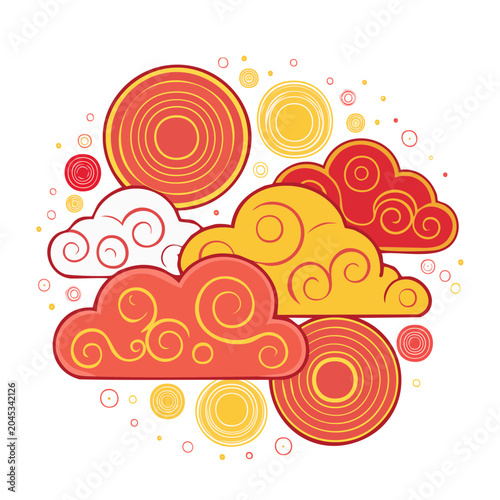 Traditional Asian Clouds and Sun Illustration