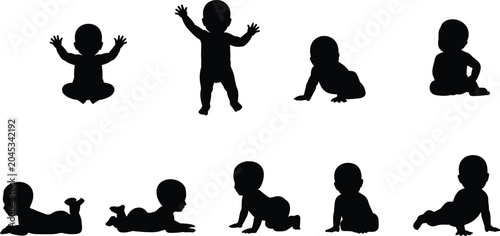 Collection of black silhouettes of babies in various developmental stages and poses on a white background