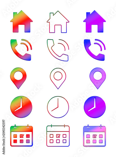 Vibrant Colorful Rainbow and Purple Gradient Contact Icon Collection Featuring Home, Ringing Phone, Location Pin, Clock, and Calendar Designs