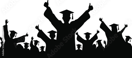 Quadro su tela Silhouette of graduating students celebrating with thumbs up and raised arms gra