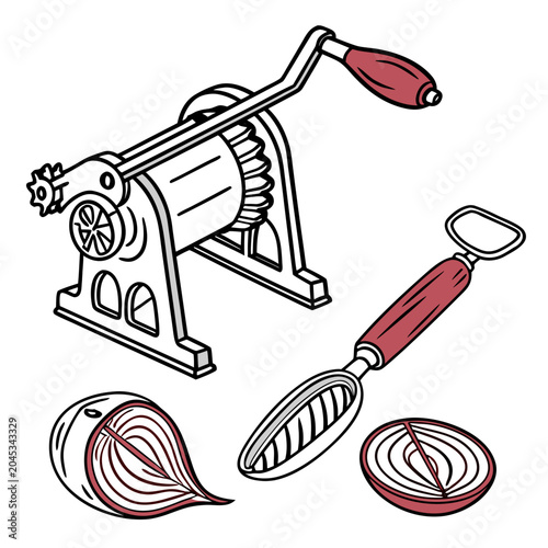 Bild auf Leinwand Vintage manual meat grinder and handheld onion slicer tools with halved red onio