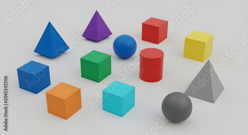 Colorful geometric shapes scattered on a plain surface for learning