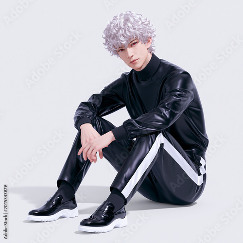 silver hair young man, black glossy clothes, generation AI 