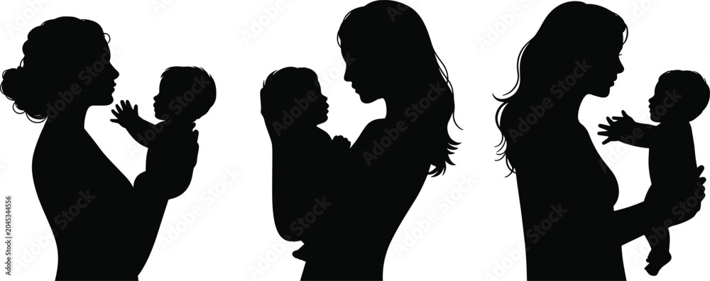 Εκτύπωση καμβά Three Silhouette Mother And Baby Poses On White Background child infant