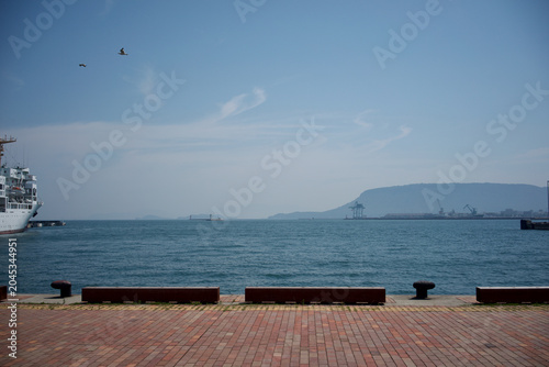 Εκτύπωση καμβά Panoramic harbor view of Takamatsu with a passenger ship and mountains under cle