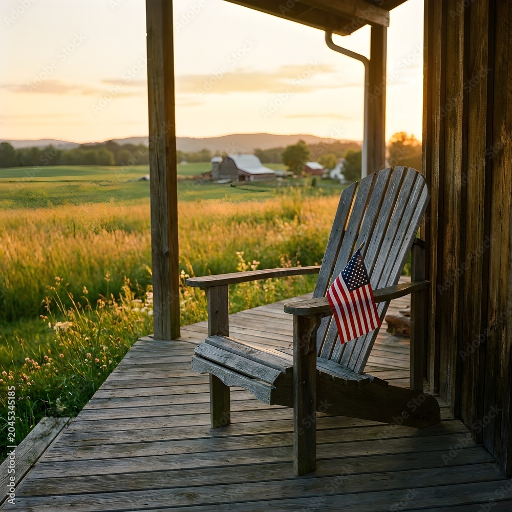 Fototapeta premium An Adirondack chair with an American flag on a rustic wooden porch overlooking a golden rural landscape with a barn at sunset.