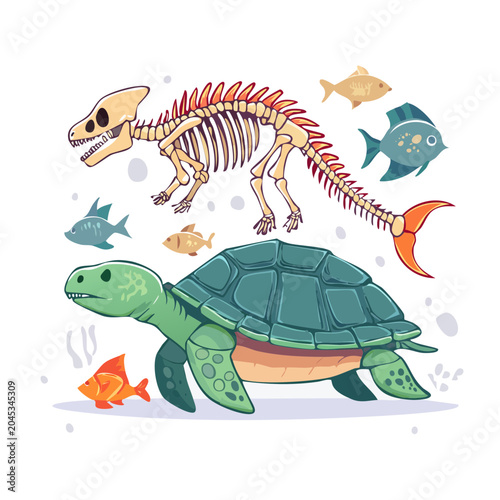 Turtle and Dinosaur Skeleton with Fish Illustration