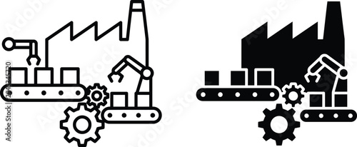 Industrial factory manufacturing process icon set with robotic arm