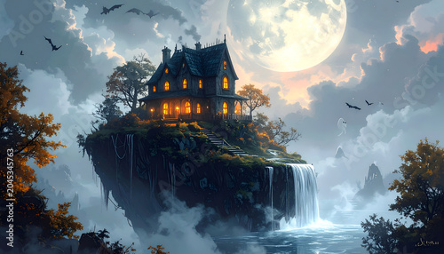 Dark Victorian mansion on floating island under full moon.