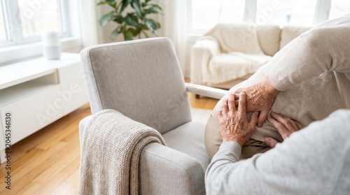 Elderly person holding their painful hip while sitting in a living room