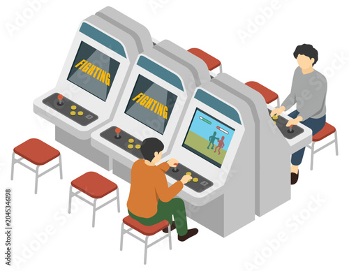 アイソメトリックイラスト：格闘アーケードゲーム機で遊ぶ人たち