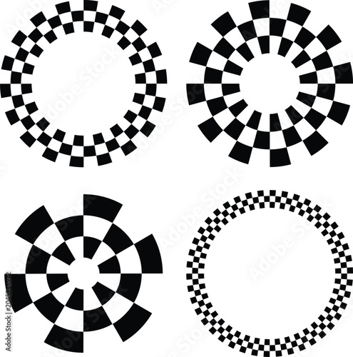 Checkered pattern circular frames and round geometric vector shapes