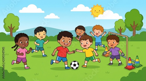 A group of diverse children playing soccer on a green field on a sunny day with cones and a goal