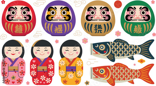 Traditional Japanese Culture Collection Set With Daruma Dolls Kokeshi And Koinobori Fish Wind Socks