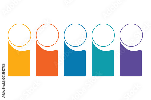 Five colorful abstract shapes stand side by side. Each shape combines a curved top with a solid base. Bright hues include orange, blue, and purple tones. Design suggests simplicity, modernity