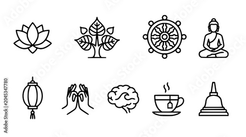 Tableau sur toile Buddhist Symbols Icon Set: Lotus, Buddha, Dharma Wheel, Stupa, Brain