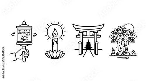 Tableau sur toile Spiritual Symbols: Prayer Wheel, Candle, Torii Gate, Buddha