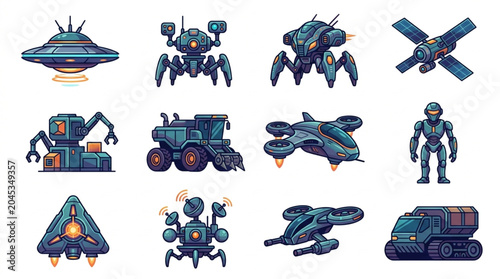 Foto Collection of Pixel Art Sci Fi Robots and Spaceships.