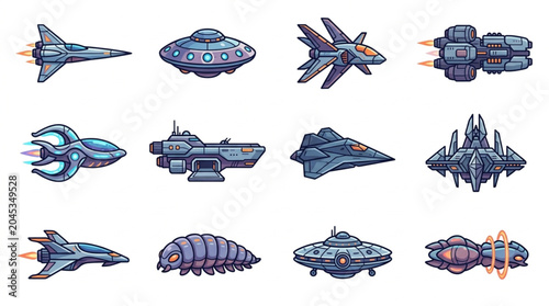 Bild auf Leinwand Collection of Pixel Art Spaceships and UFOs for Games.