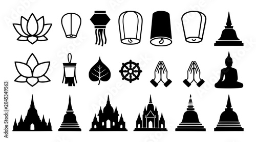 Fotografie Thai Culture Icons: Lotus, Lanterns, Buddha, Pagodas, Dharma Wheel, Prayer Hands